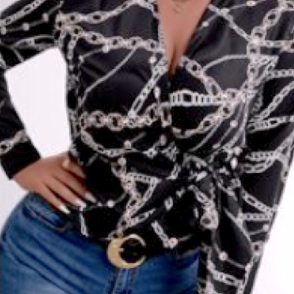Chain Print Tie Side Wrap Blouse